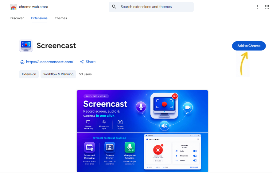 Gumb »Dodaj v Chrome« na strani razširitve Screencast